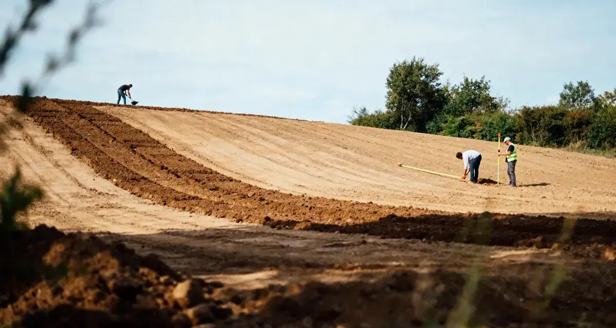 Des ouvriers travaillent sur un terrain en pente, utilisant des outils pour aplanir le sol. L'un mesure avec un mètre, l'autre pelle.