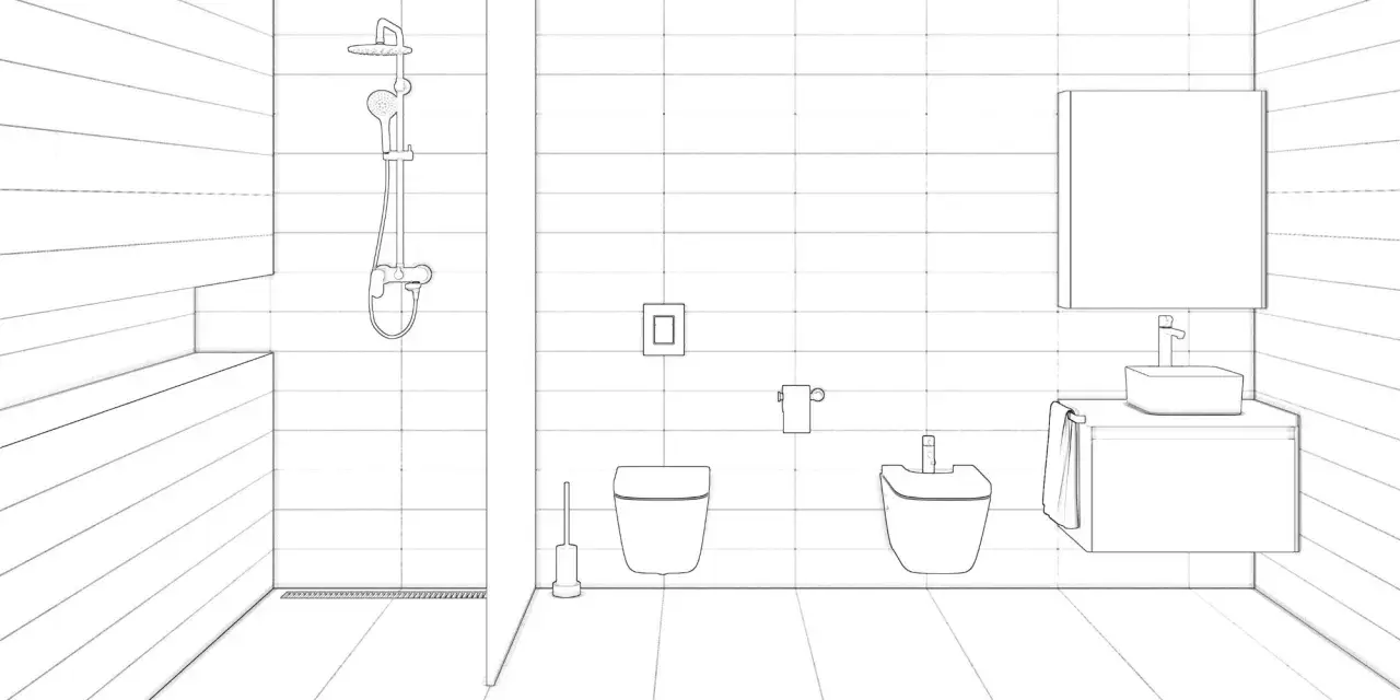 Salle de bain moderne avec douche, lavabo, miroir, toilettes et bidet. Le calepinage du carrelage est visible sur les murs et le sol.