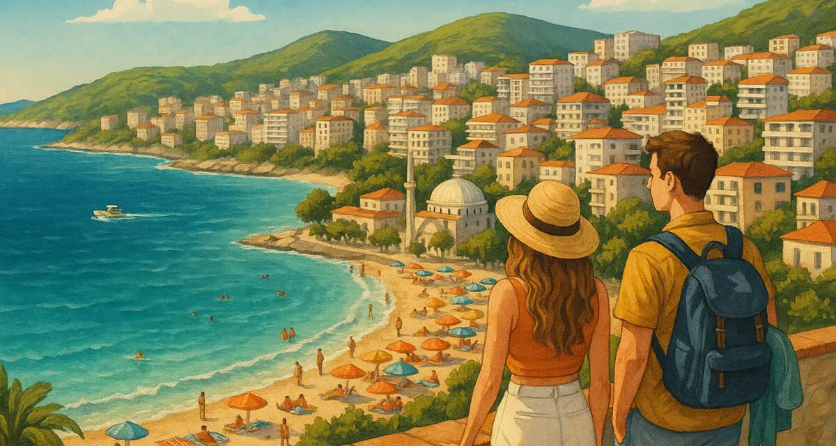 Para młoda podziwia widok na albańskie wybrzeże z miastem i plażą. Czy warto jechać do Albanii? Widok sugeruje, że tak!