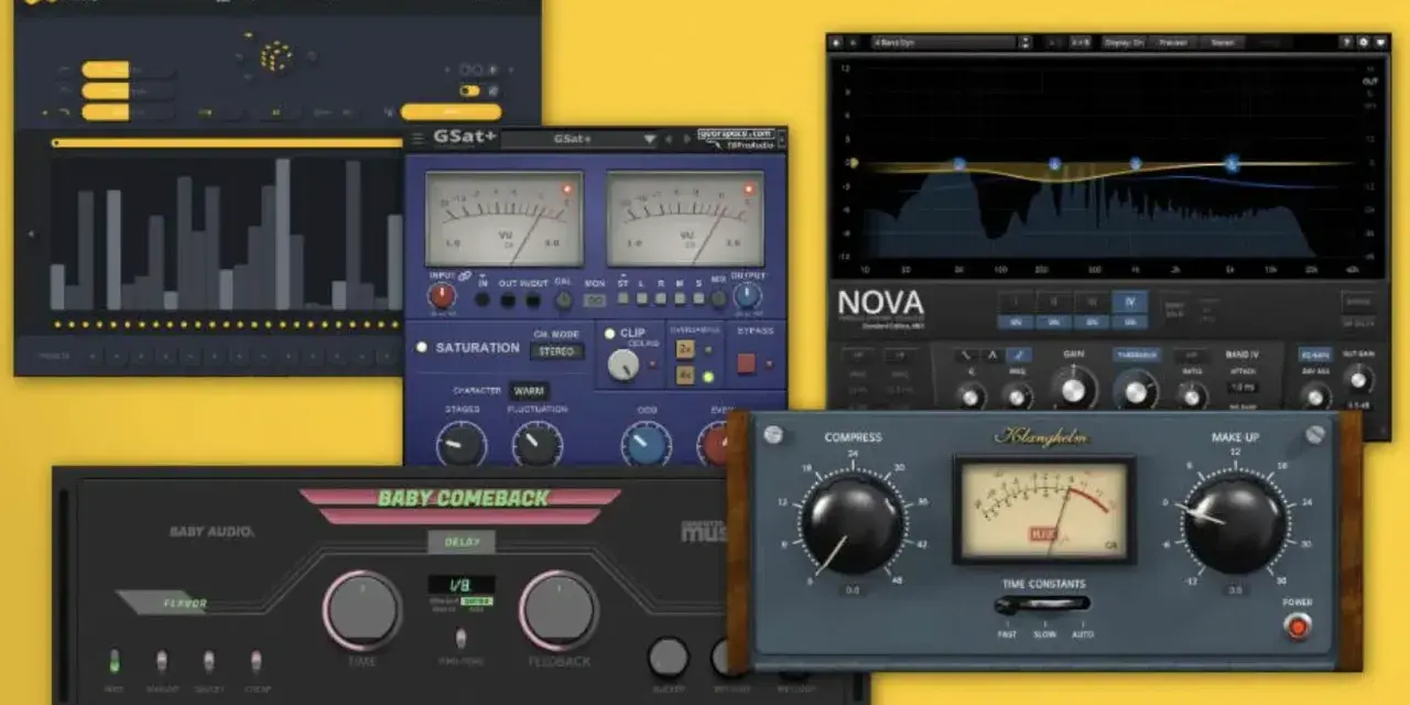 Verschiedene Audio-Plugins, darunter ein EQ, ein Kompressor und ein Delay-Effekt, die als aax plugin für Musikproduktion genutzt werden.