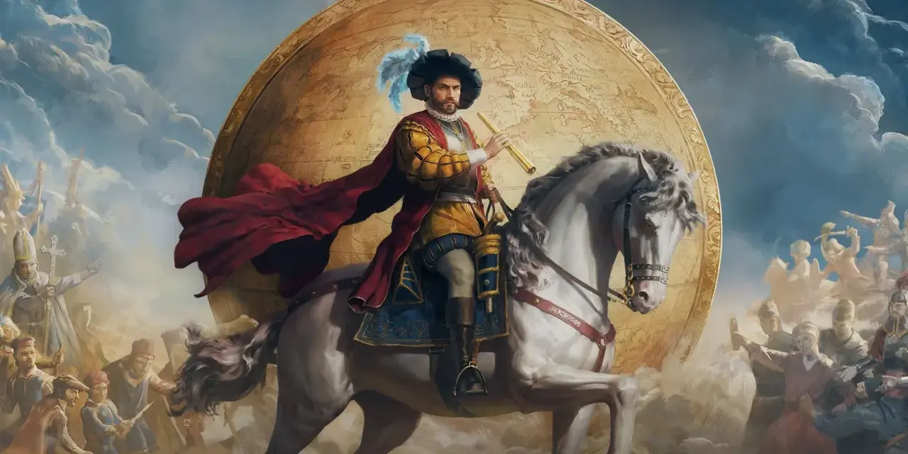 Un conquistador a caballo, con un astrolabio, frente a un globo terráqueo que muestra Europa. A su alrededor, figuras históricas y multitudes celebran la era de Europa Universalis V.