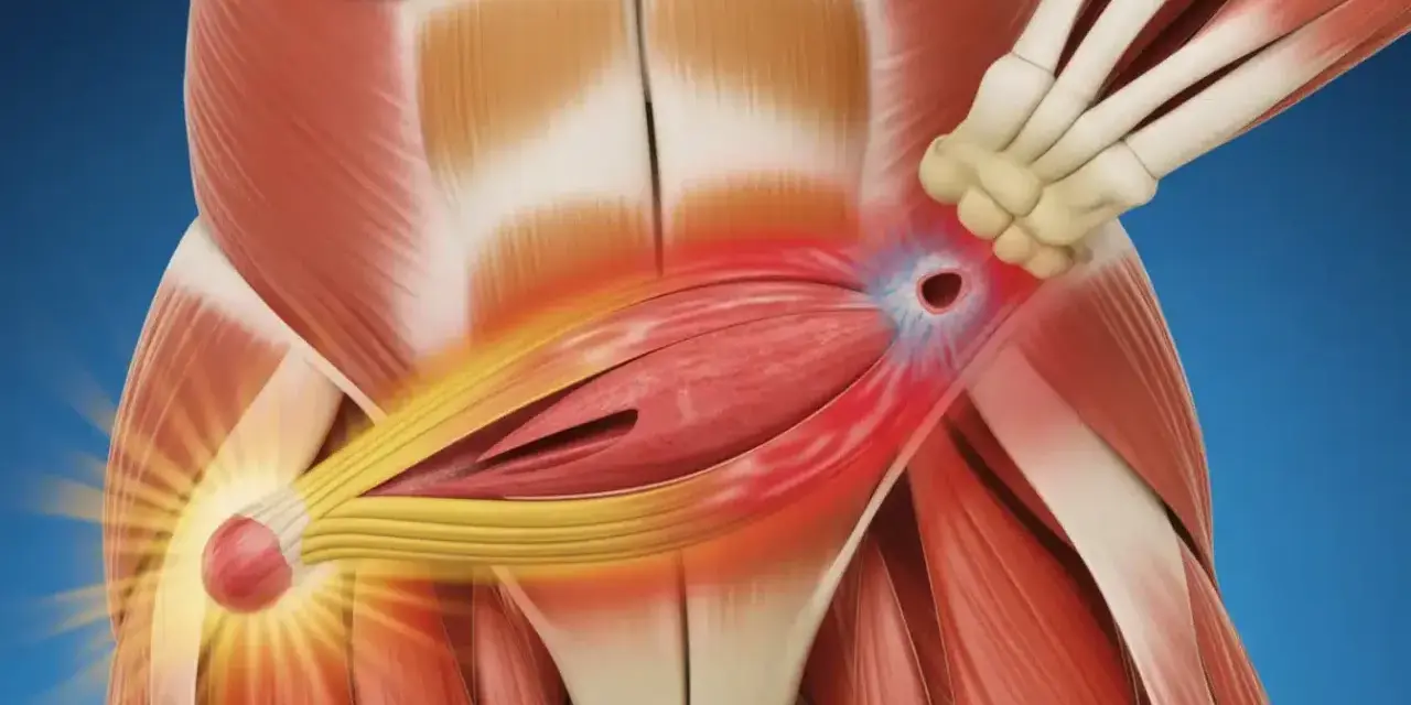 Anatomie montrant une déchirure abdominale, avec des zones rouges indiquant la douleur et l'inflammation. Symptômes d'une déchirure abdominale.
