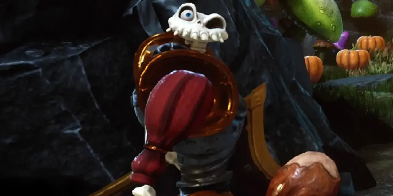 Esqueleto con armadura dorada y roja, listo para la acción en MediEvil PS4.