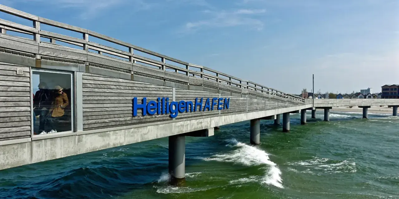 Hol dir die besten heiligenhafen tipps! Die Seebrücke mit dem Schriftzug "Heiligenhafen" ragt ins grüne Meer.