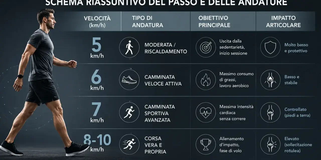 Schema che illustra il significato delle andature: dalla camminata leggera alla corsa, con velocità, impatto articolare e obiettivi.