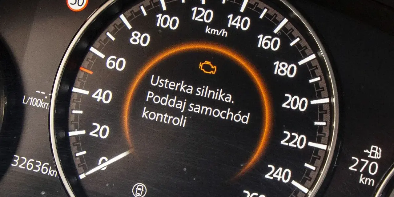 Na desce rozdzielczej świeci się kontrolka "usterka silnika", wskazując tryb awaryjny w samochodzie.