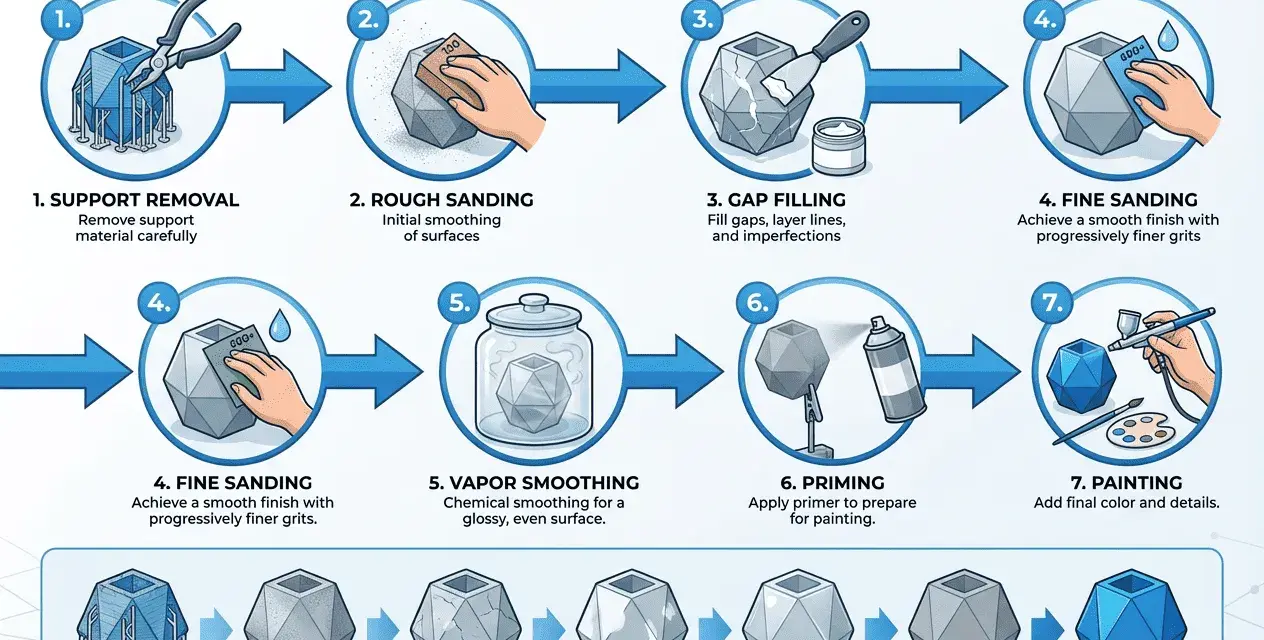 Workflow for 3D printing post processing: support removal, rough and fine sanding, gap filling, vapor smoothing, priming, and painting for a perfect finish.