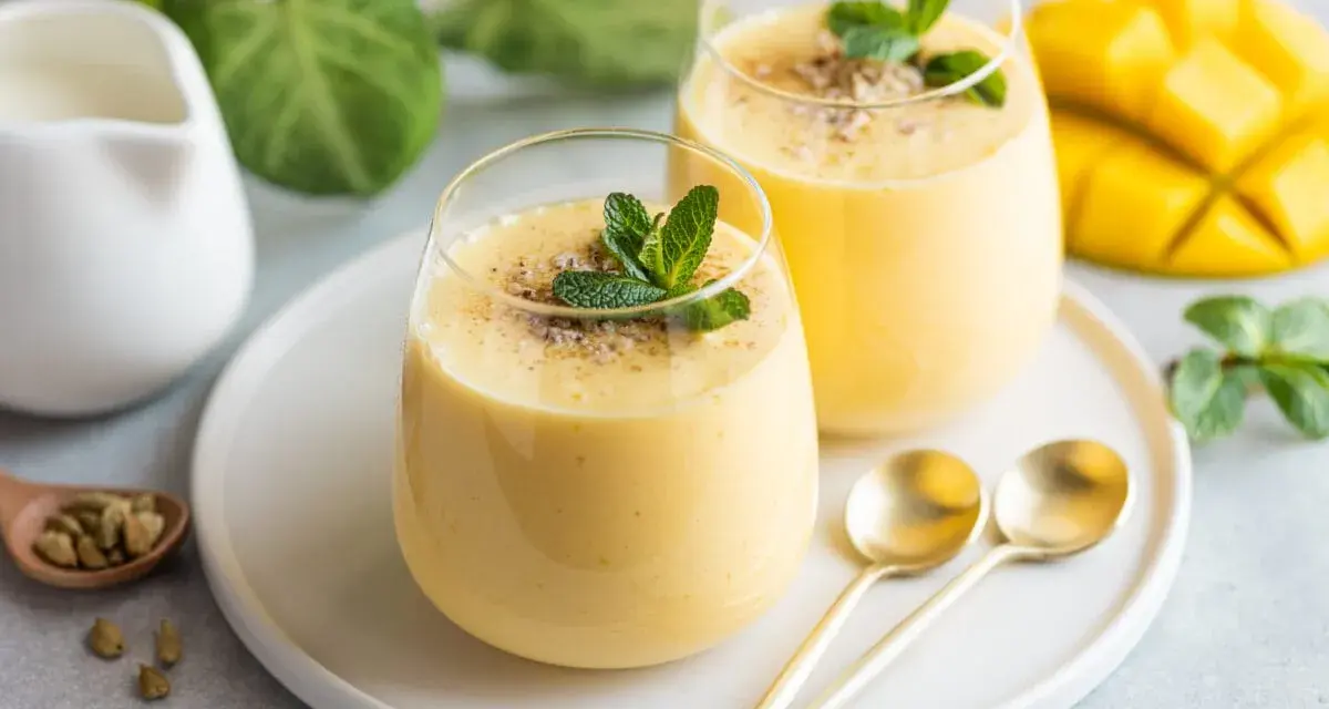 Dwa szklanki gęstej, kremowej pulpy mango, ozdobione listkami mięty i posypką. Obok świeży, pokrojony owoc mango.