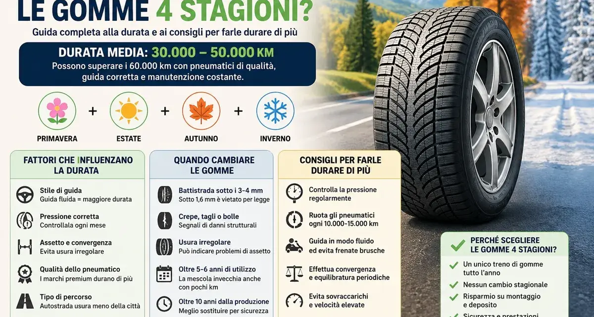 Quanto durano le gomme 4 stagioni? Guida alla durata media (30.000-50.000 km) e consigli per farle durare di più.