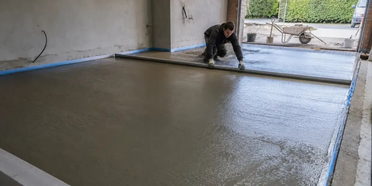 Pracownik wyrównuje świeżą wylewkę pod taras na gruncie, przygotowując solidną podstawę.