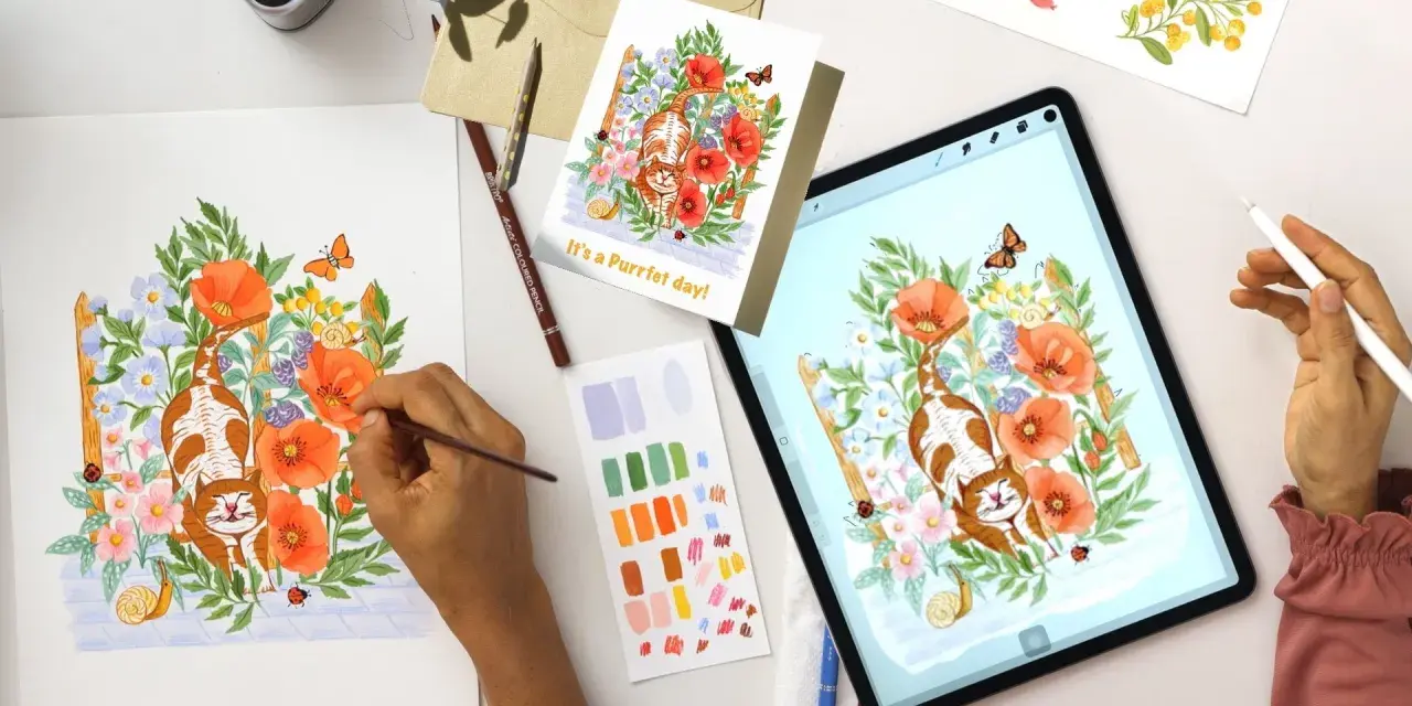 Ilustración de un gato entre flores, creada con gouache. Se ve el proceso en papel y en tablet.