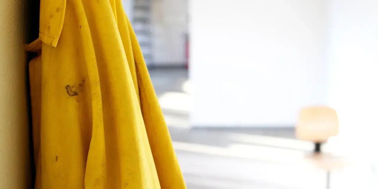 Gelbe Regenjacke hängt an einer Wand, bereit für die Regenjacke reparieren. Flecken auf dem Stoff deuten auf vergangene Abenteuer hin.
