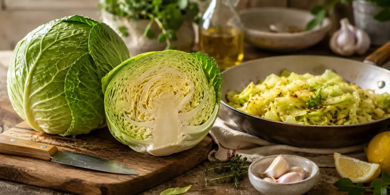 Cavolo cappuccio intero e tagliato a metà, con un contorno di cavolo cappuccio saltato in padella, aglio, limone e erbe aromatiche.