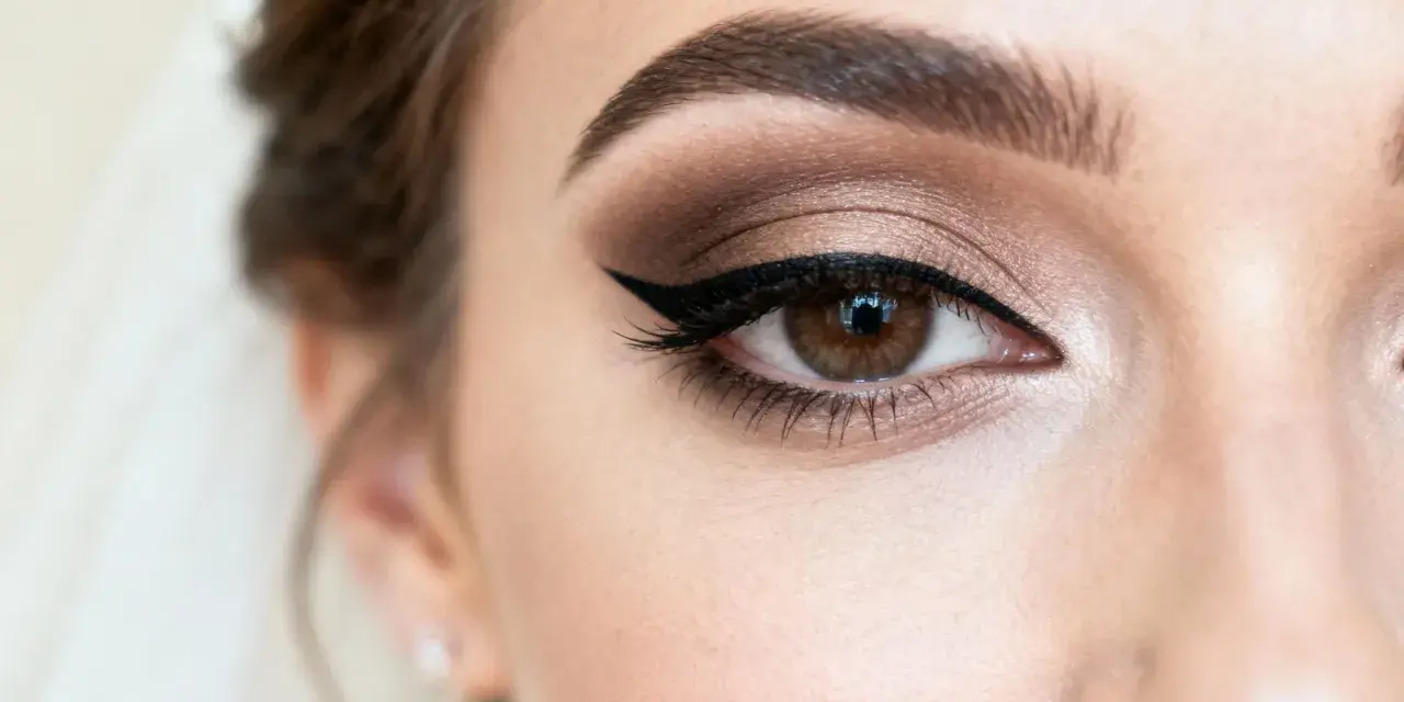 Oko kobiety z perfekcyjnym makijażem ślubnym glamour: brązowe cienie, wyraźna kreska i długie rzęsy.