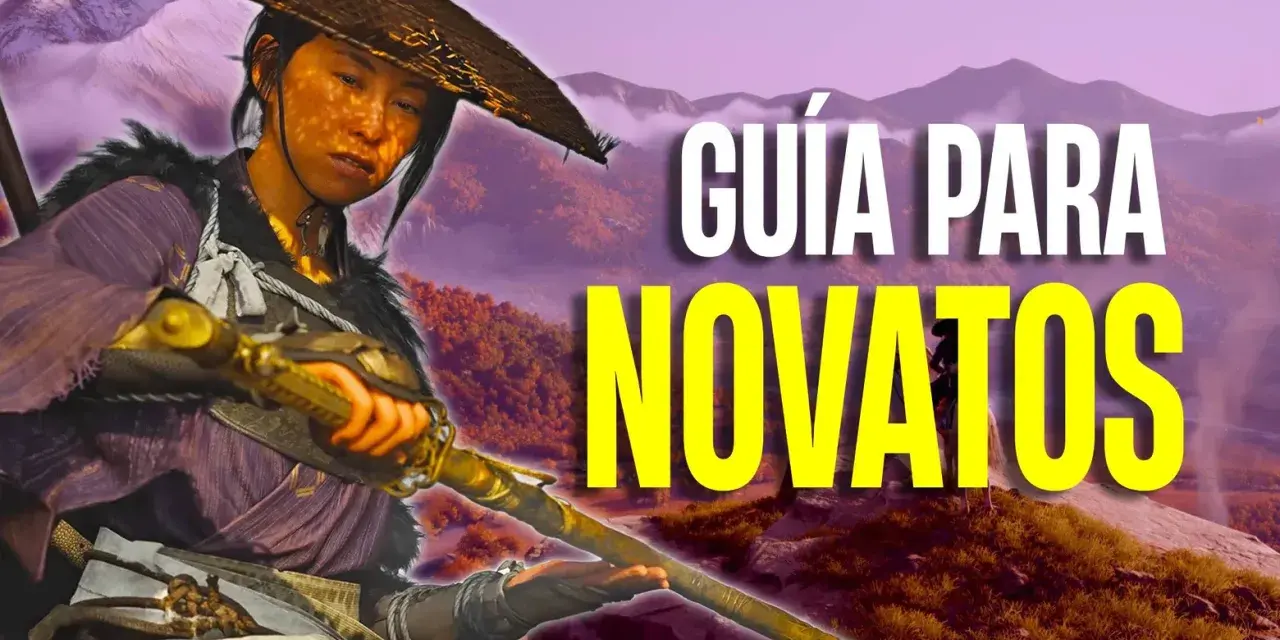 Guía para novatos de Ghost of Yotei. Un samurái con sombrero de paja y armadura morada sostiene una katana dorada en un paisaje montañoso.
