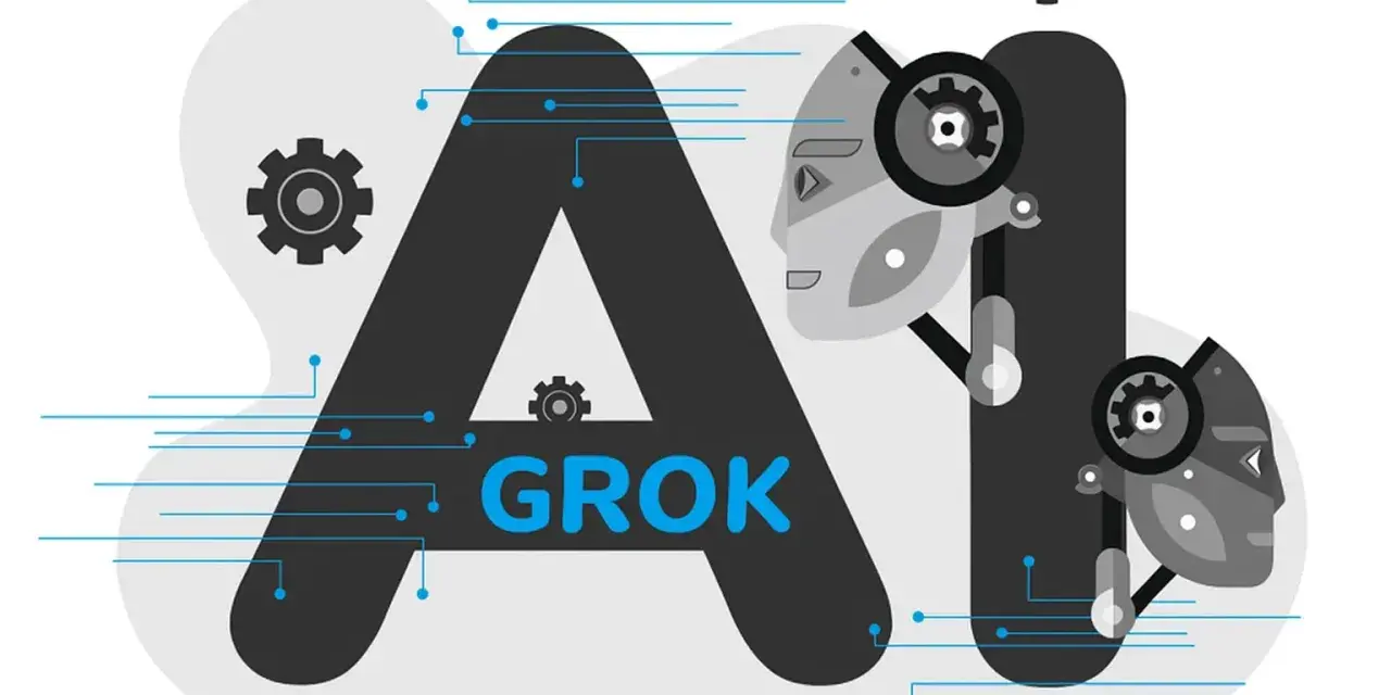 Grafika przedstawia litery "AI" z robotycznymi twarzami i zębatkami. W środku litery "A" widnieje napis "GROK", sugerujący, że to właśnie grok co to jest, czyli sztuczna inteligencja.