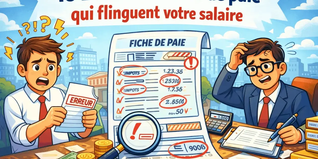Deux hommes paniqués devant une fiche de paie pleine d'erreurs. Une illustration qui rappelle l'importance de vérifier son salaire, surtout en ce 1er mai, jour de travail pour certains.