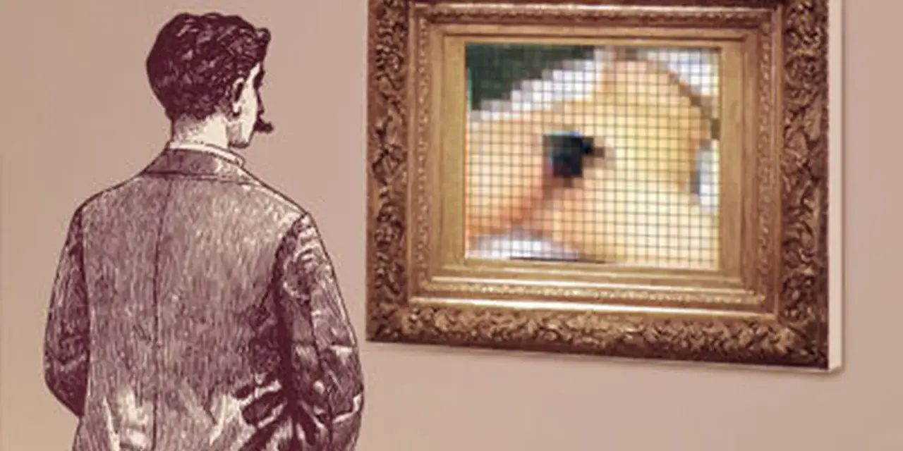 Un homme regarde un tableau encadré, une scène floue et pixélisée évoquant le sommeil de Courbet.