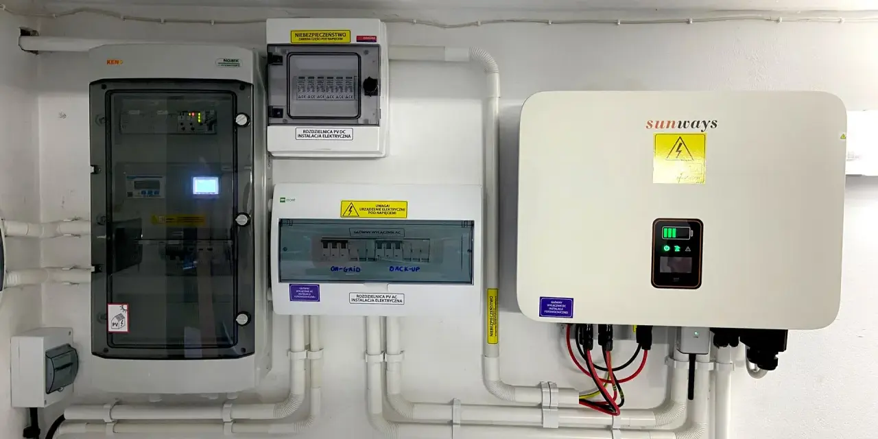 Instalacja fotowoltaiczna z falownikiem Sunways i rozdzielnicami. To serce systemu, które pokazuje, co to jest magazyn energii i jak działa.
