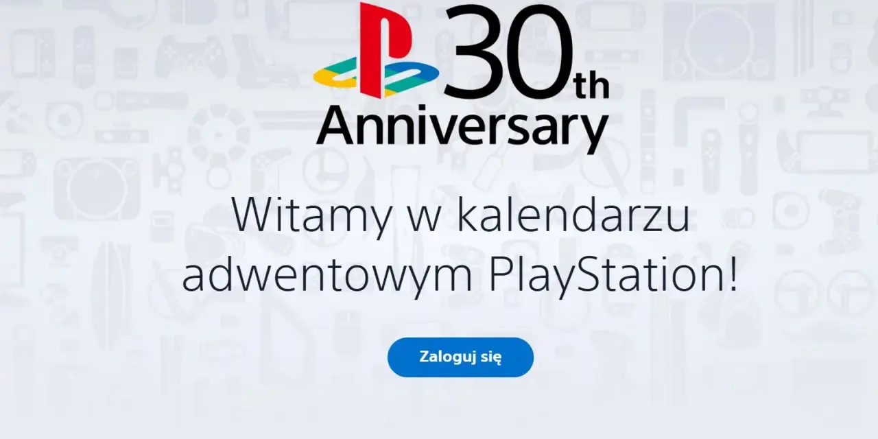 Logo PlayStation 30th Anniversary i tekst "Witamy w kalendarzu adwentowym PlayStation!".