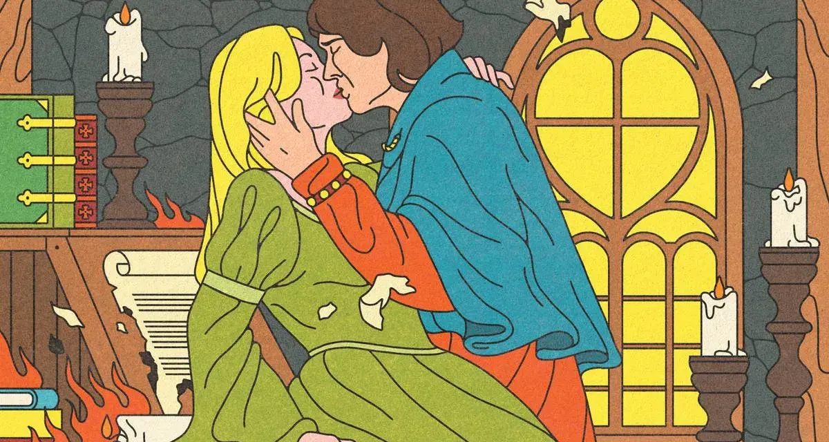 Un baiser passionné entre Héloïse et Abélard, dans une bibliothèque embrasée par la passion et le savoir.