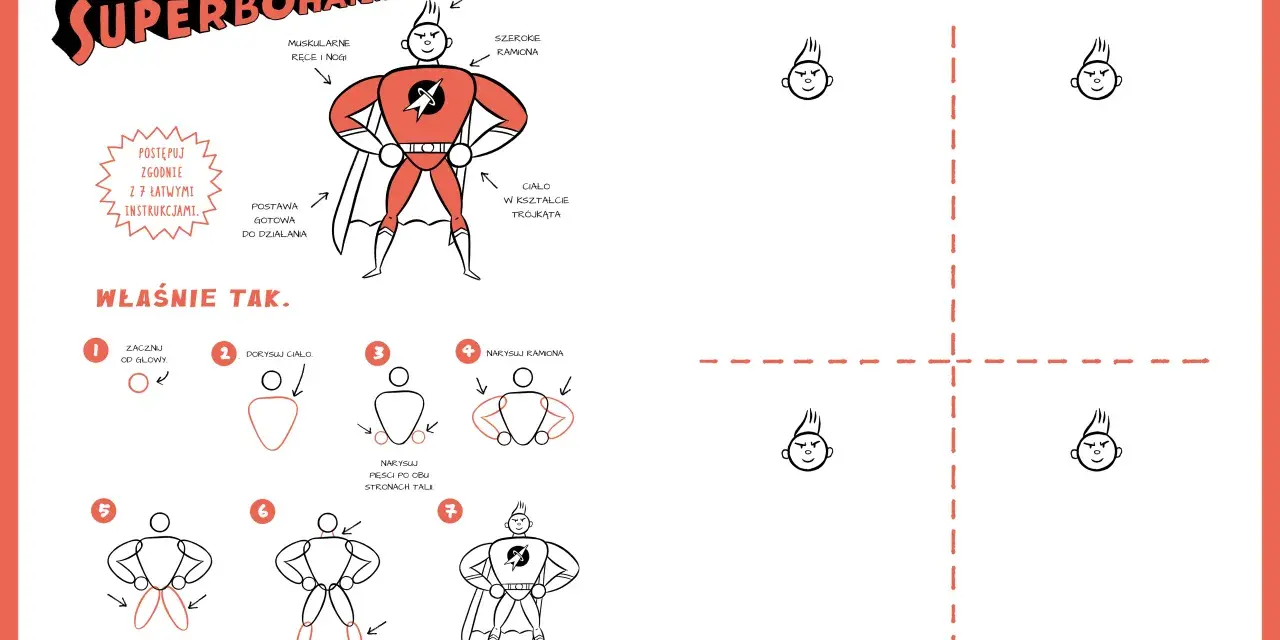 Instrukcja krok po kroku, jak narysować komiksowego superbohatera. Zaczynając od głowy, przez ciało, ramiona, uda, aż po detale.