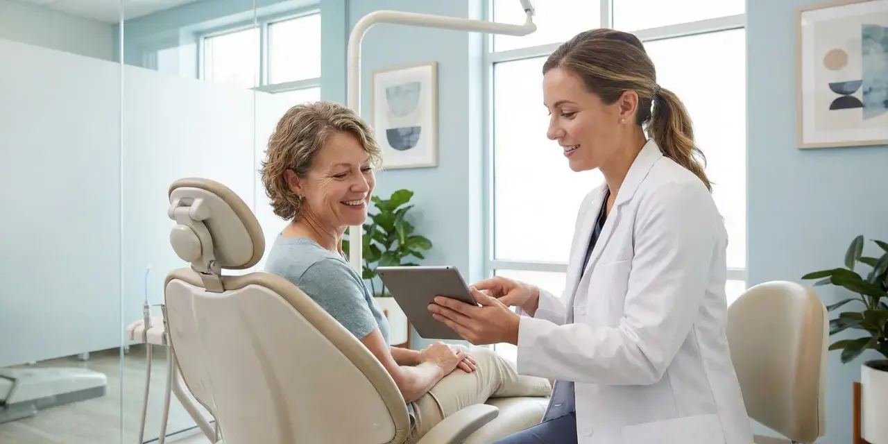 Dentystka w białym fartuchu pokazuje tablet pacjentce siedzącej na fotelu stomatologicznym.
