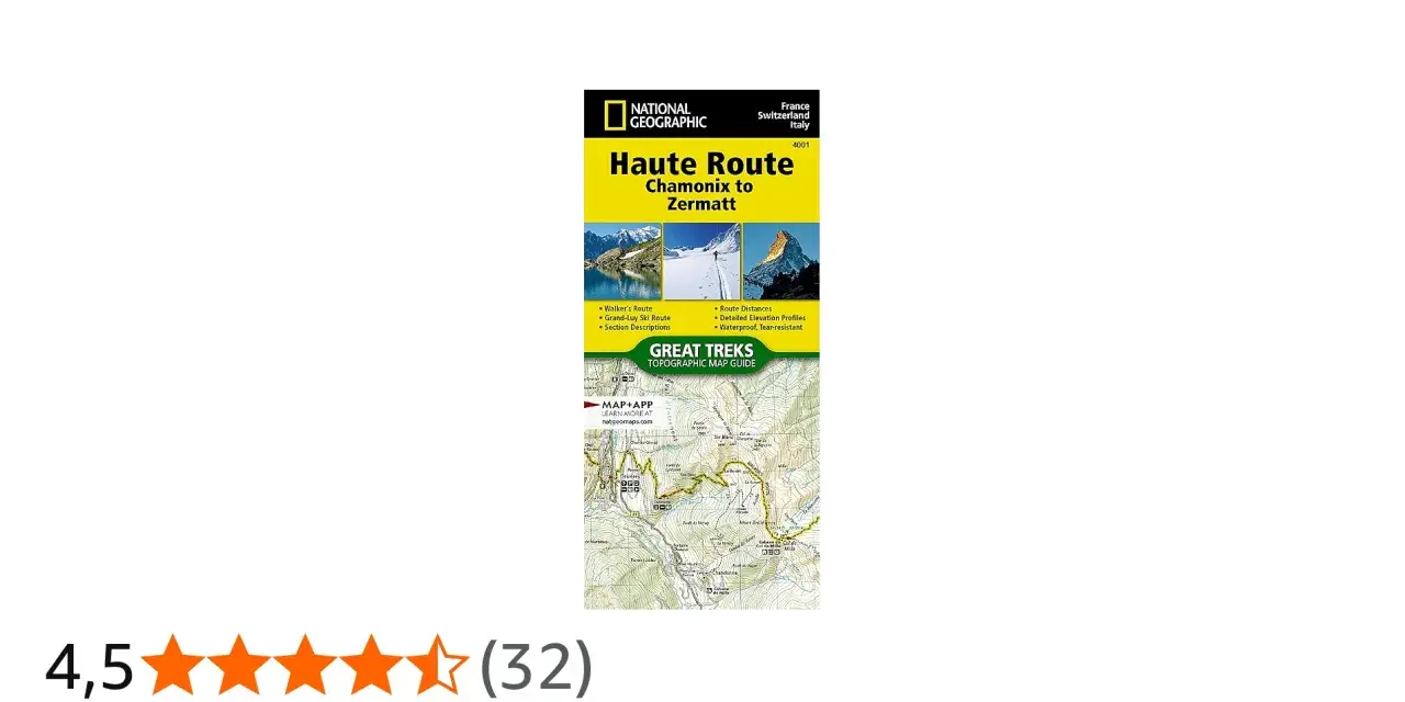 Mapa National Geographic "Haute Route Chamonix to Zermatt" z opisem tras, profilami wysokości i informacją o wodoodporności. Idealna na wyprawy.