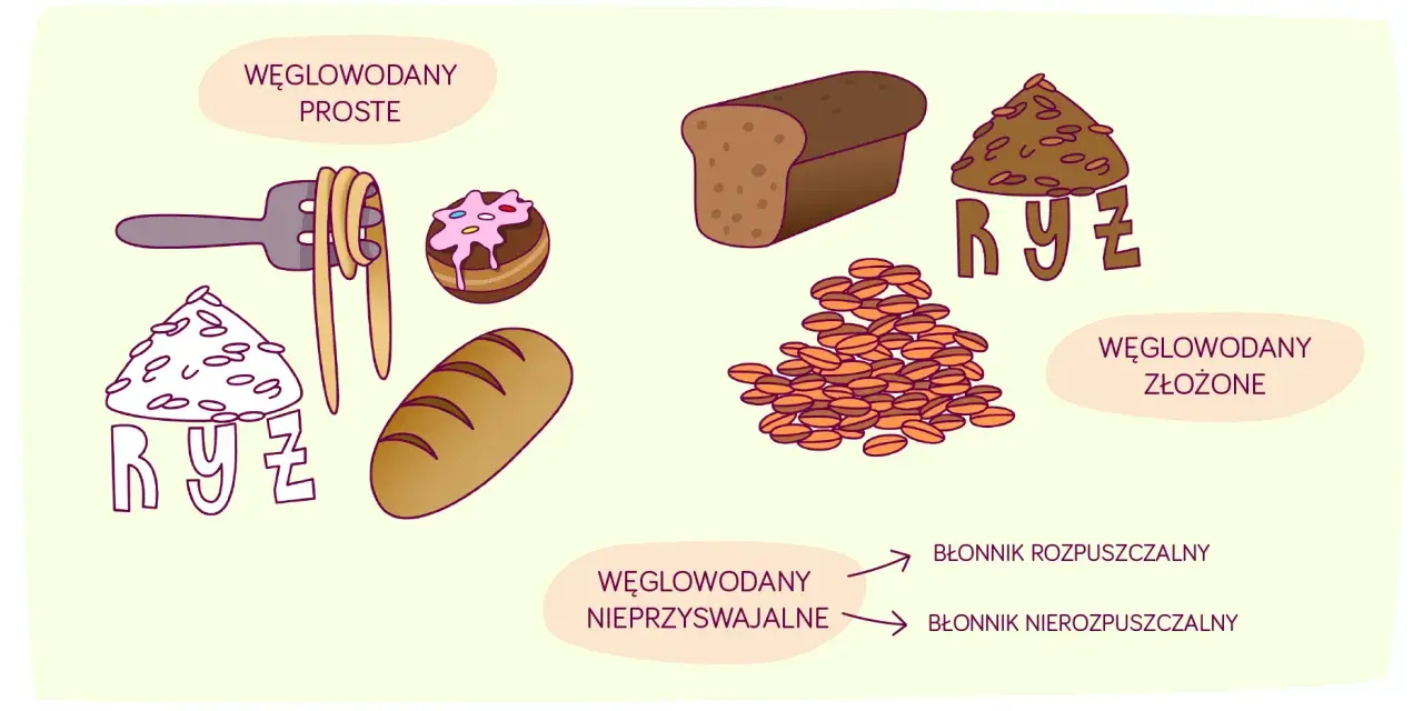 Ilustracja pokazuje węglowodany proste (makaron, ciastko) i złożone (chleb, ryż). Wskazuje też na błonnik nierozpuszczalny.