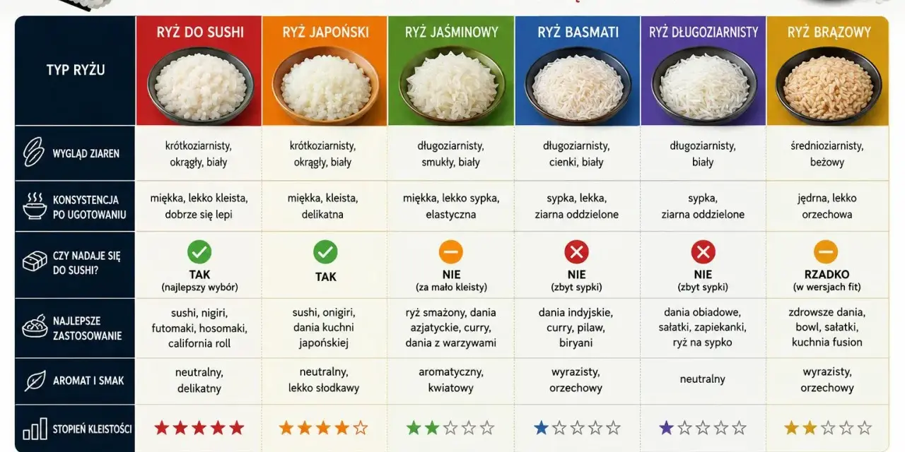 Jaki ryż do sushi? Porównanie typów ryżu: krótkoziarnisty, japoński, jaśminowy, basmati, długoziarnisty, brązowy. Idealny do sushi jest ryż krótkoziarnisty.