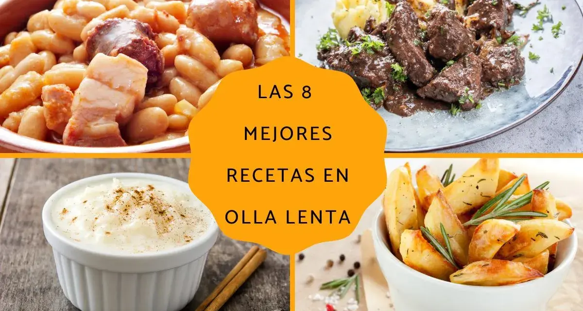 Collage de cuatro platos: judías con chorizo, estofado de carne, arroz con leche y patatas asadas.