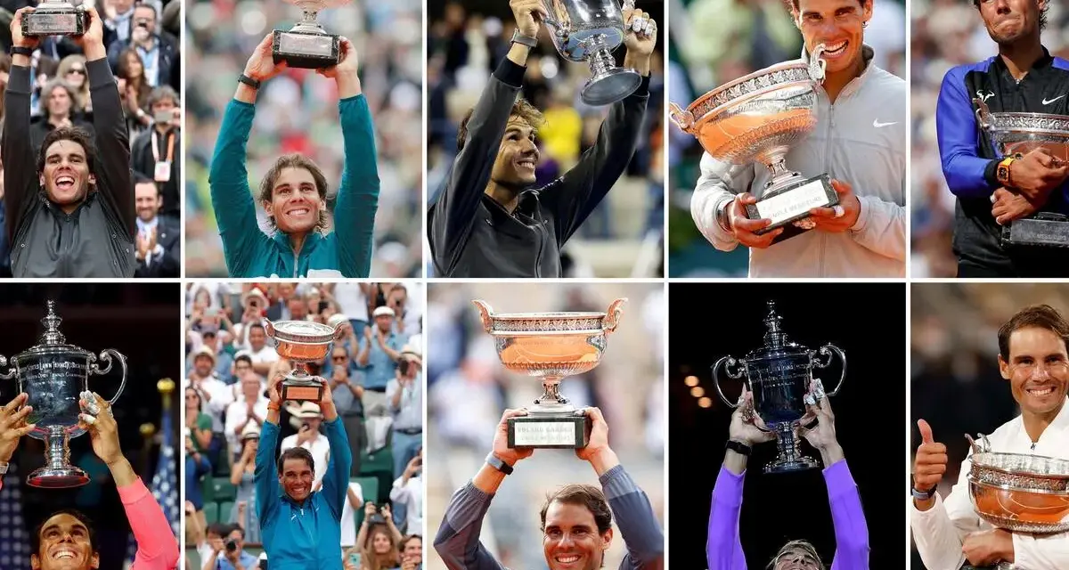 Rafael Nadal, un verdadero campeón de Grand Slam, celebra sus victorias con trofeos icónicos.