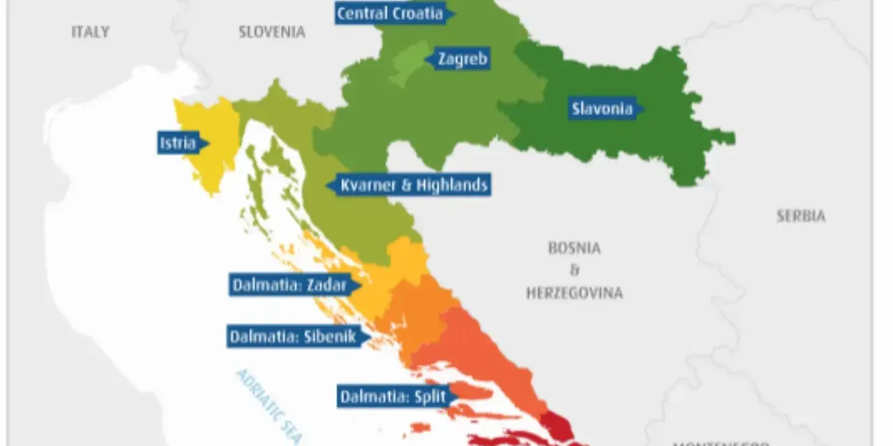 Mapa Chorwacji z zaznaczonymi regionami. Dalmacja, gdzie jest? Rozciąga się wzdłuż wybrzeża Adriatyku, od Zadaru po Dubrownik.