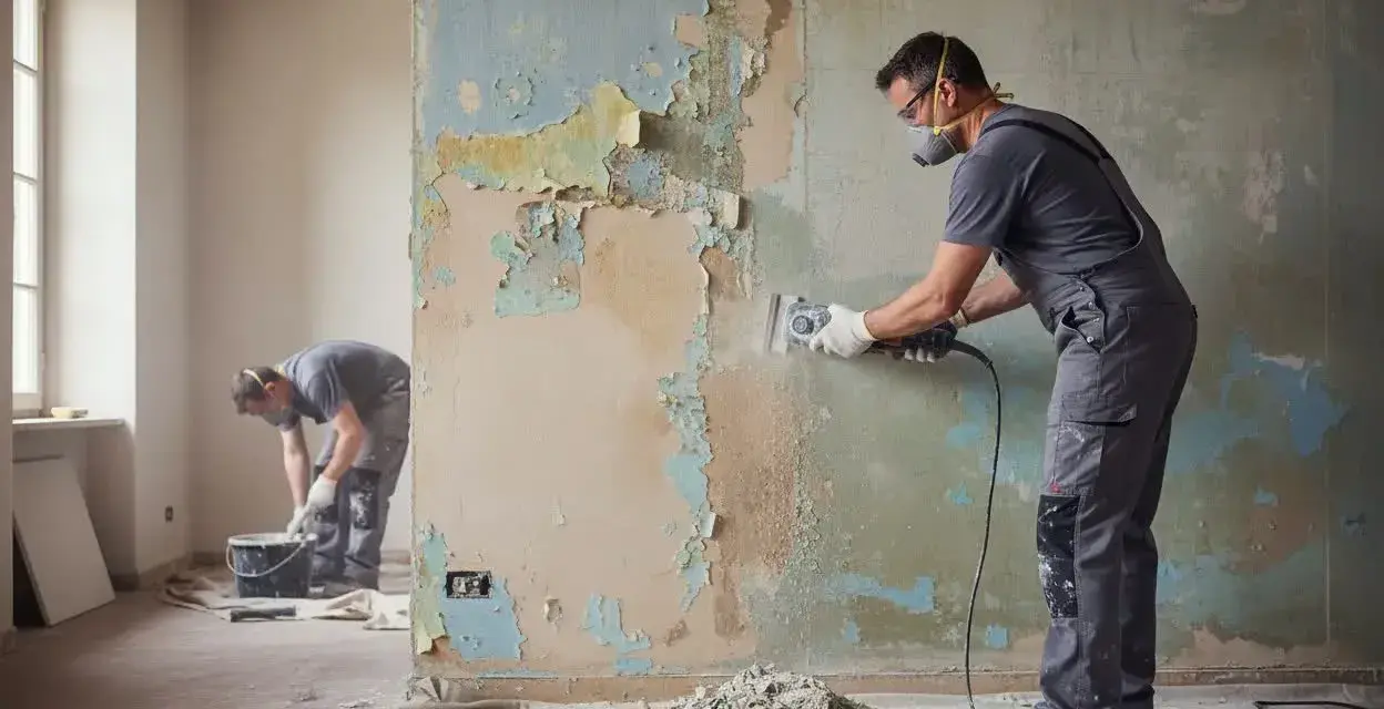 Operai in azione per la rasatura del muro, rimuovendo la vecchia pittura scrostata con attrezzi specifici.