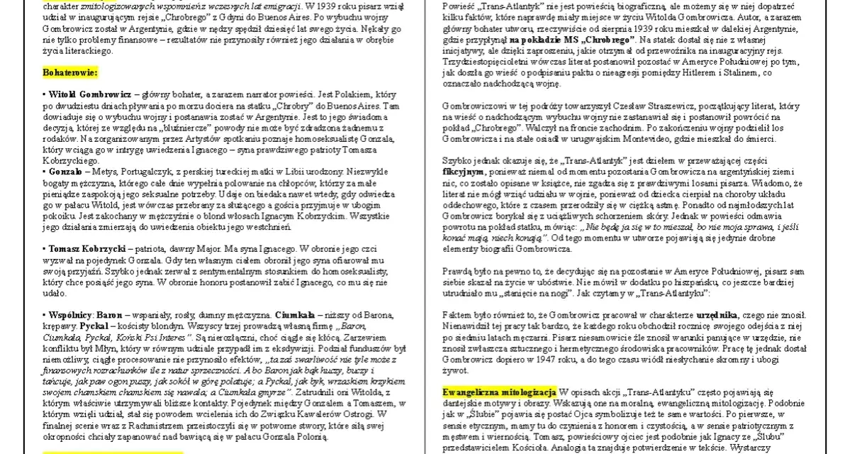 Sen srebrny Salomei streszczenie: Witold Gombrowicz, bohater powieści "Trans-Atlantyk", emigruje do Argentyny. Tam poznaje Gonzala i Ignacego.