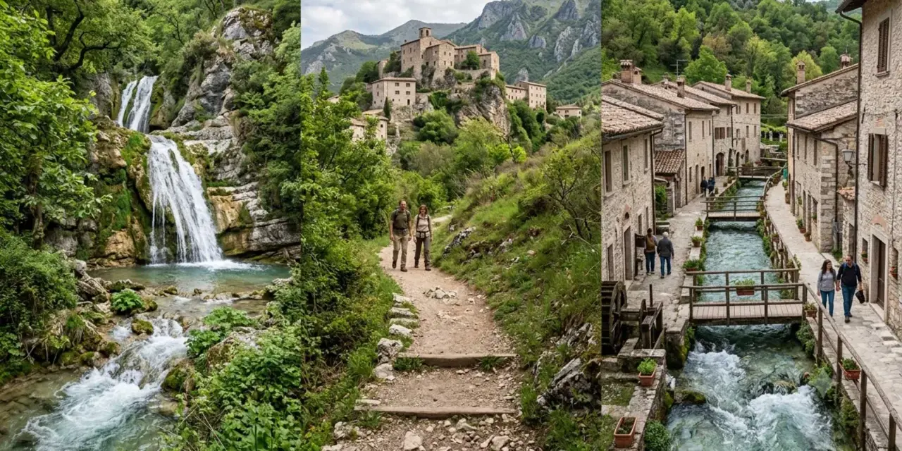 Cascate del Menotre: un sentiero panoramico porta a cascate spettacolari e a un borgo medievale con un ruscello che scorre tra le case.