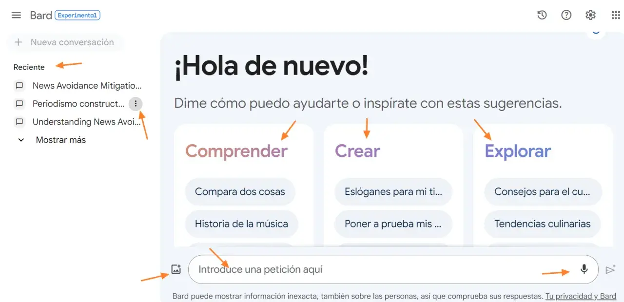 Bard, tu asistente IA, te da la bienvenida. Pide ayuda para comprender, crear o explorar.