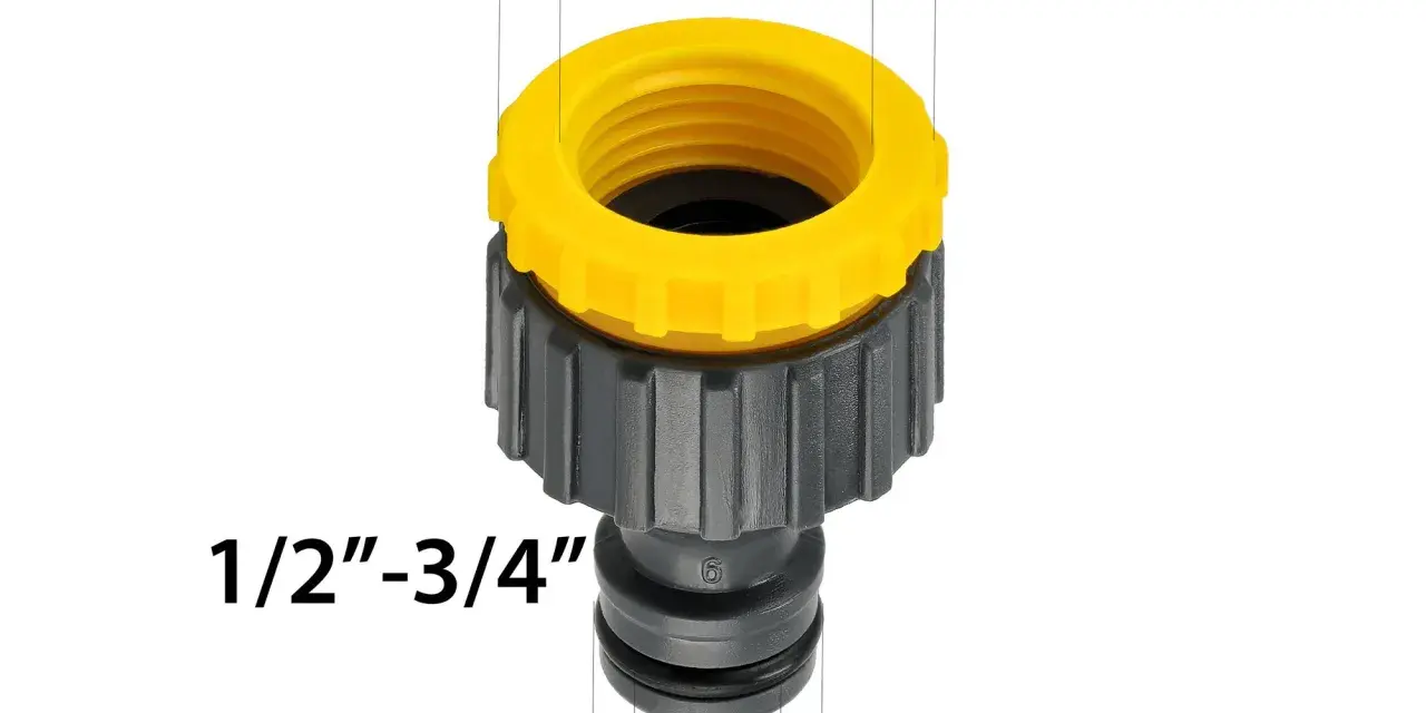 Złączka do węża ogrodowego 1/2"-3/4" z żółtą nakrętką. Ułatwia podłączenie szlaufa do kranu.