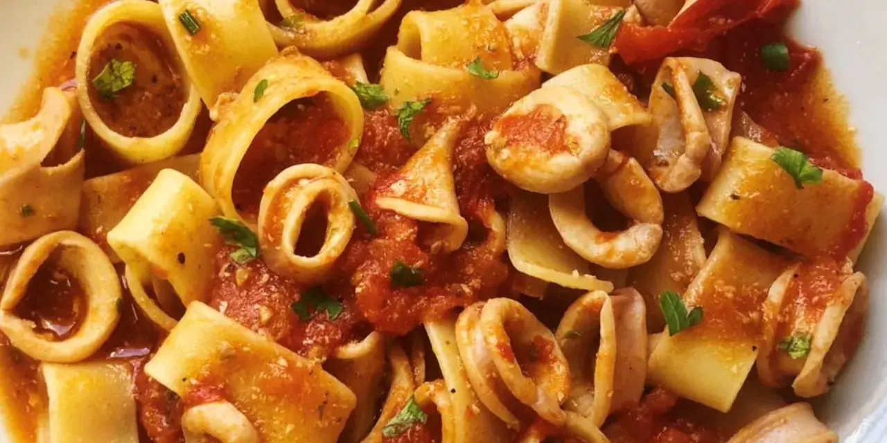 Pasta con calamares, un plato italiano lleno de sabor. Los calamares se mezclan con trozos de tomate y perejil fresco, creando una deliciosa combinación.