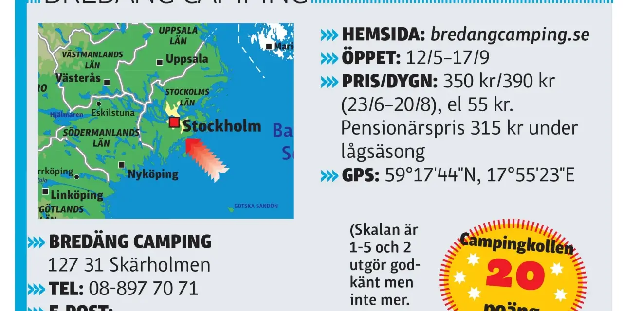 Bredäng Camping nära Stockholm. Information om öppettider, priser och GPS-koordinater. Telefon och e-post finns också.