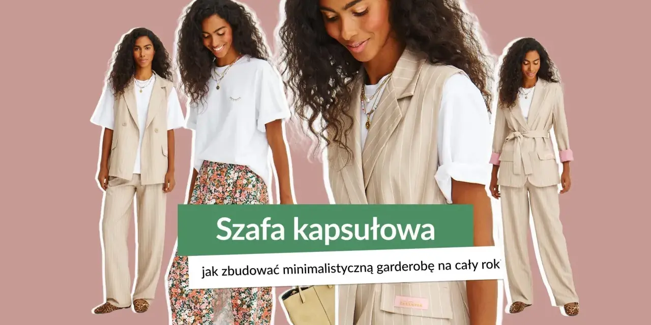 Szafa kapsułowa: minimalistyczna garderoba na cały rok. Modelka prezentuje beżowy garnitur w paski, kamizelkę i sukienkę.