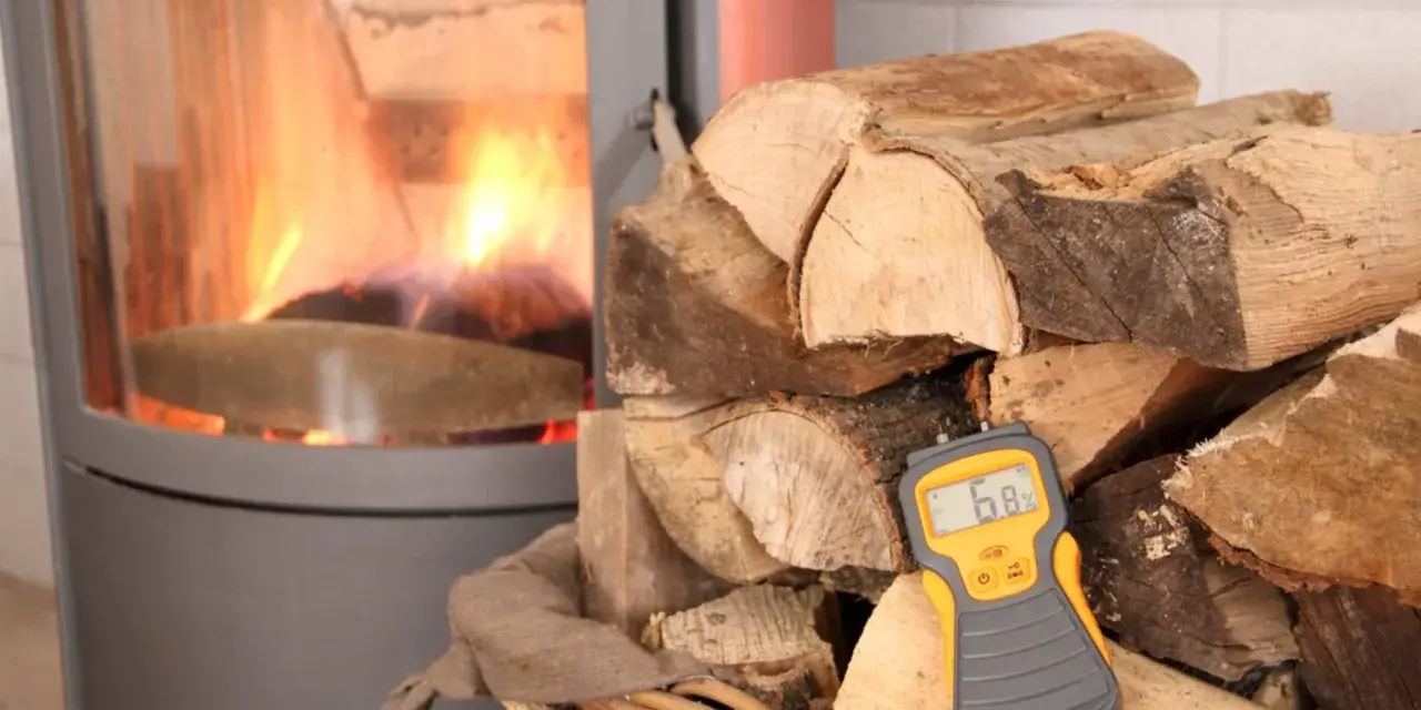 Poêle avec feu, bois de chauffage et humidimètre affichant 6.8%.