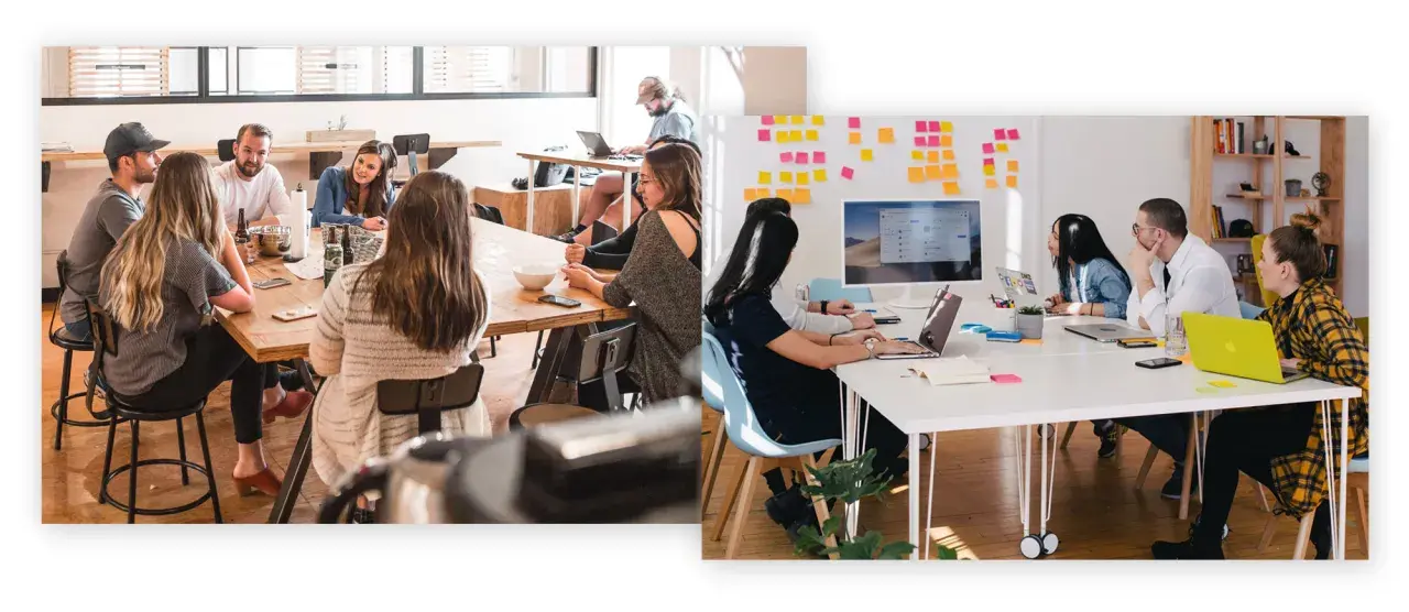 Menschen im **Kommunikationsdesign Studium** arbeiten in Teams an Projekten, tauschen Ideen aus und nutzen Laptops.