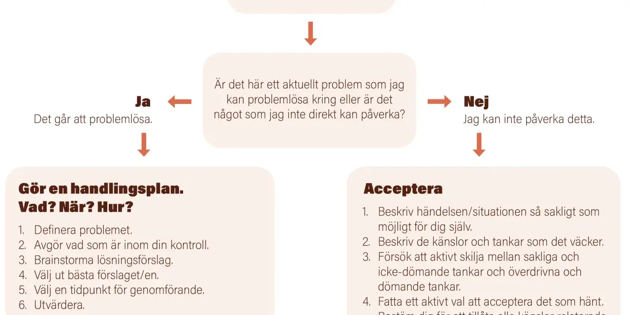 Flödesschema för att hantera oro, användbart vid svår hypokondri. Frågar om problemet kan lösas eller accepteras.