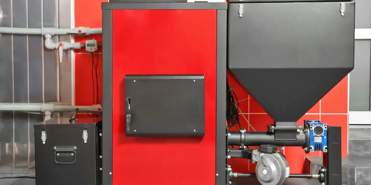 Nowoczesny piec na pellet, idealny jako jaki piec na pellet do domu 120m2. Czerwono-czarna obudowa, zasobnik na pellet i elementy instalacji.