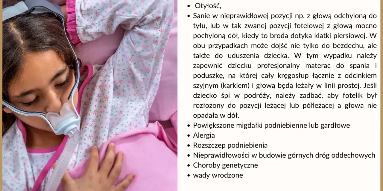 Dziecko z maską CPAP, które może mieć bezdech. Na ekranie lista przyczyn bezdechu u dziecka.