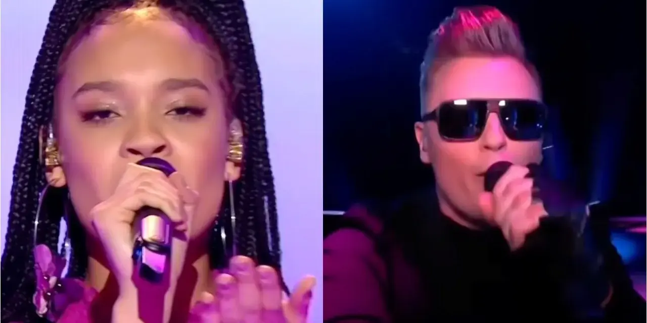 Dwie artystki śpiewają na scenie. Jedna z nich, z warkoczami, w różowej sukience, druga w okularach przeciwsłonecznych. Eurowizja Junior Polska.