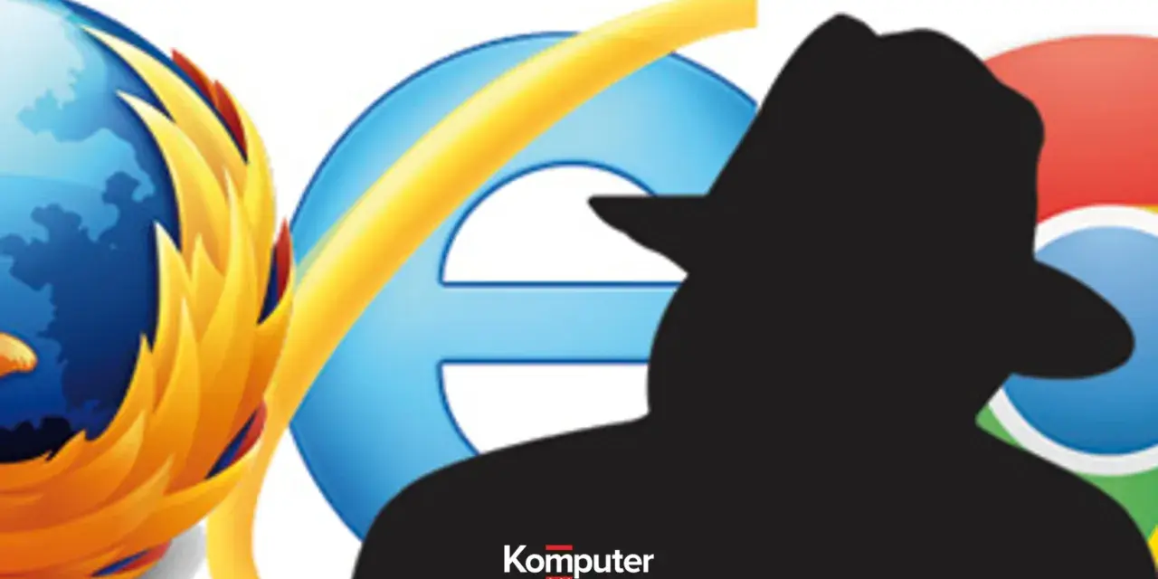 Sylwetka detektywa na tle ikon przeglądarek Firefox, Internet Explorer i Chrome. Czas włączyć tryb incognito.