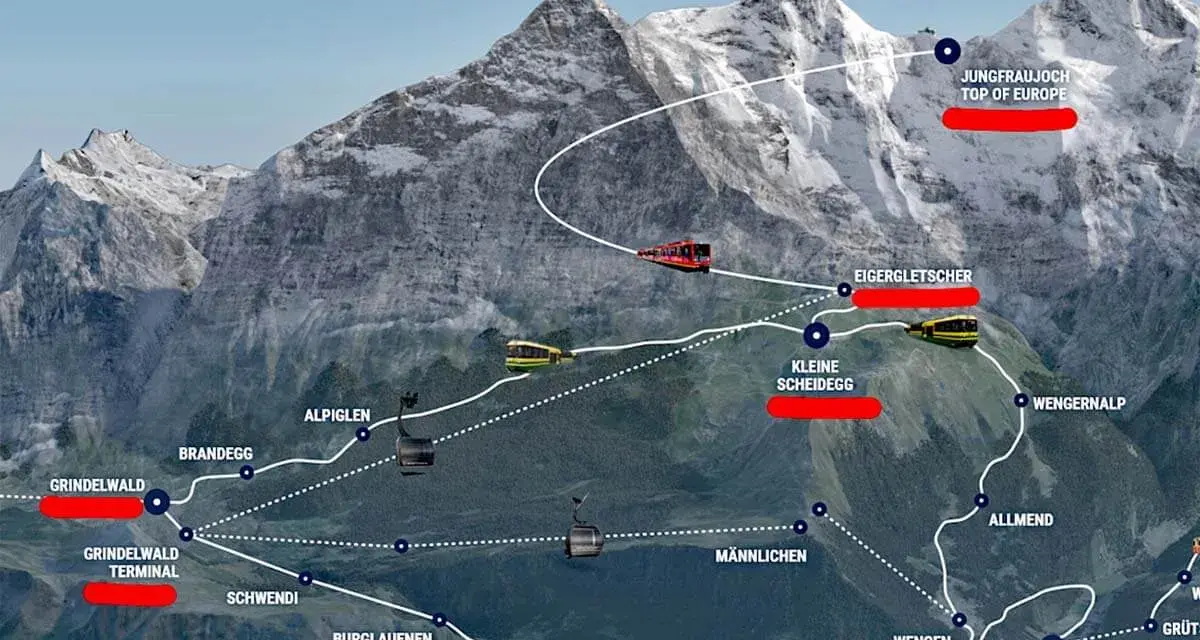 Map showing the scenic route from Wengen to Jungfraujoch, the Top of Europe, with trains and cable cars traversing snowy peaks.