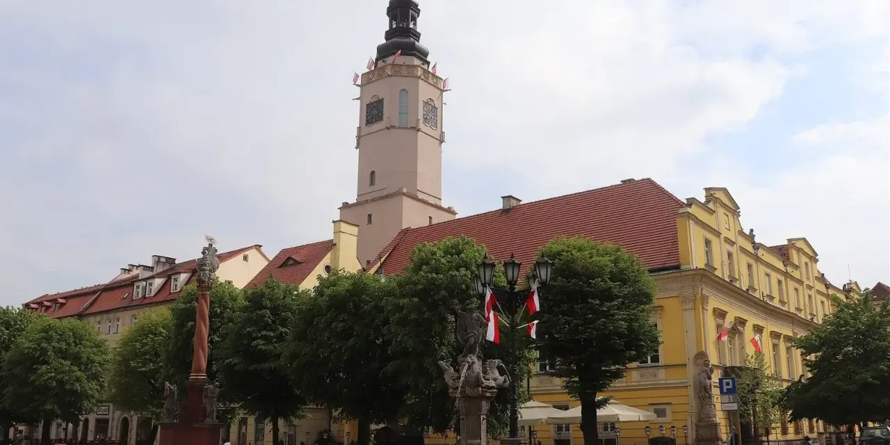 Wieża ratuszowa w Świdnicy góruje nad rynkiem, ozdobiona polskimi flagami. Obok fontanna i zabytkowe kamienice.